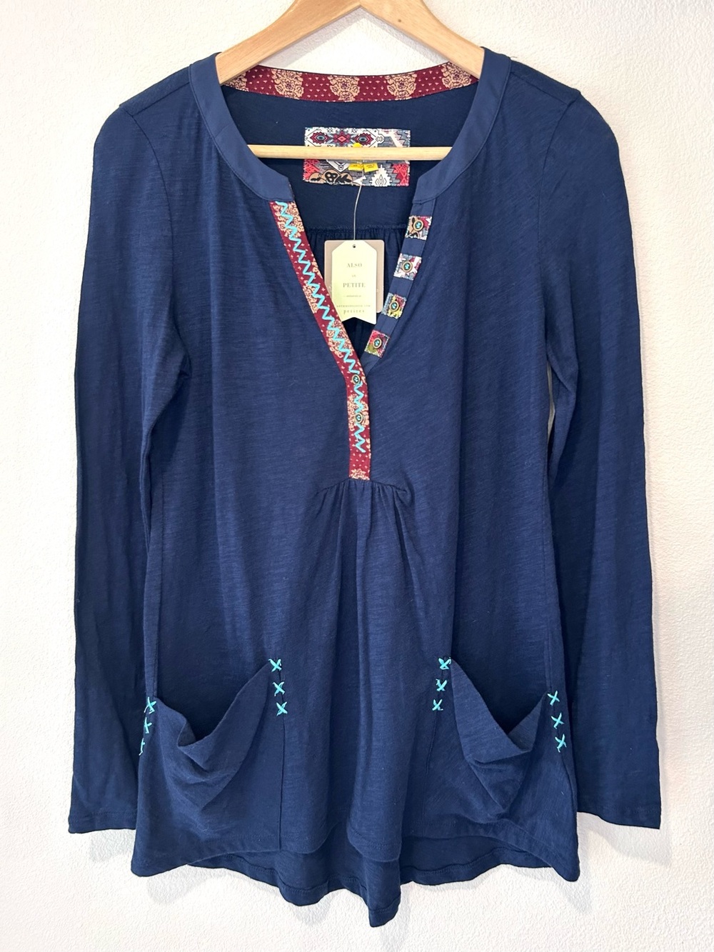 Anthropologie Little Yellow Button NWT Navy Blue Tunic Top Cotton Boho Casual XS
